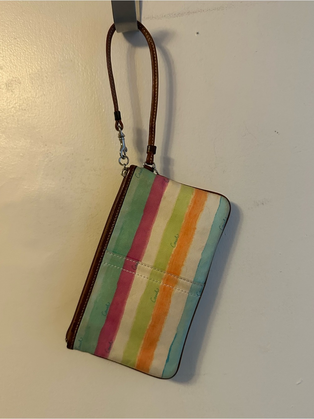 Coach Striped Multicolor Canvas Wristlet with Brown Leather Trim - Picture 4 of 15